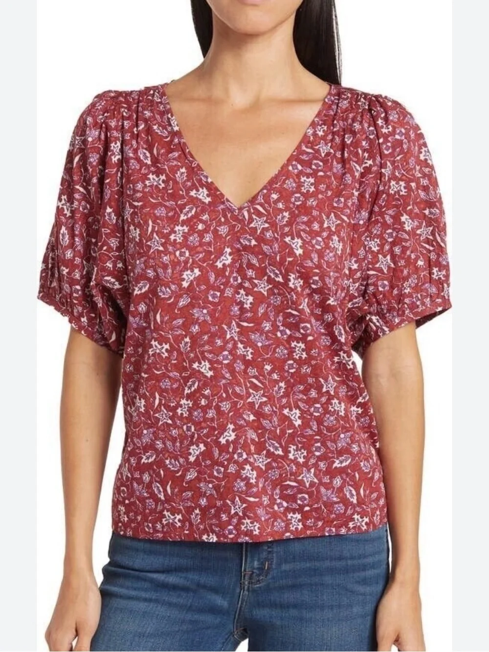 Madewell Baltik Wine Weathered Brick Floral V Neck Puff-Sleeve Top M
